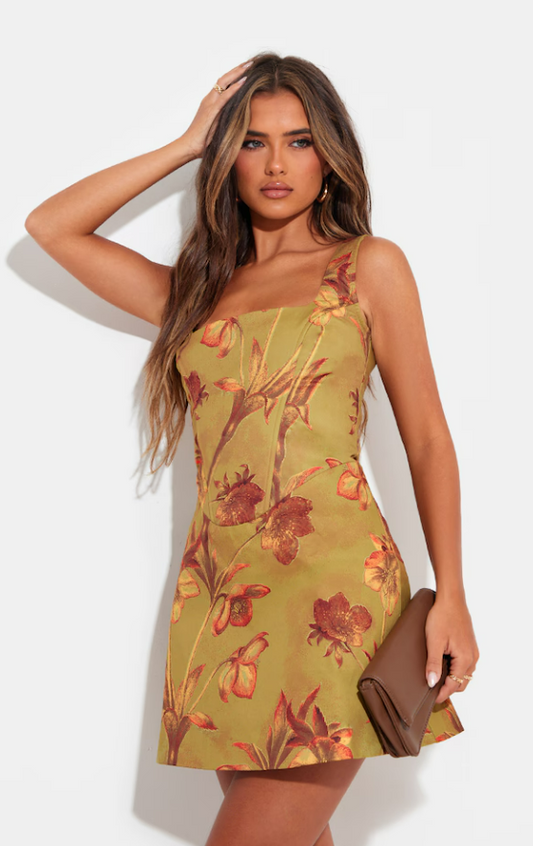 SARAWI Green Floral Corset Shift Dress